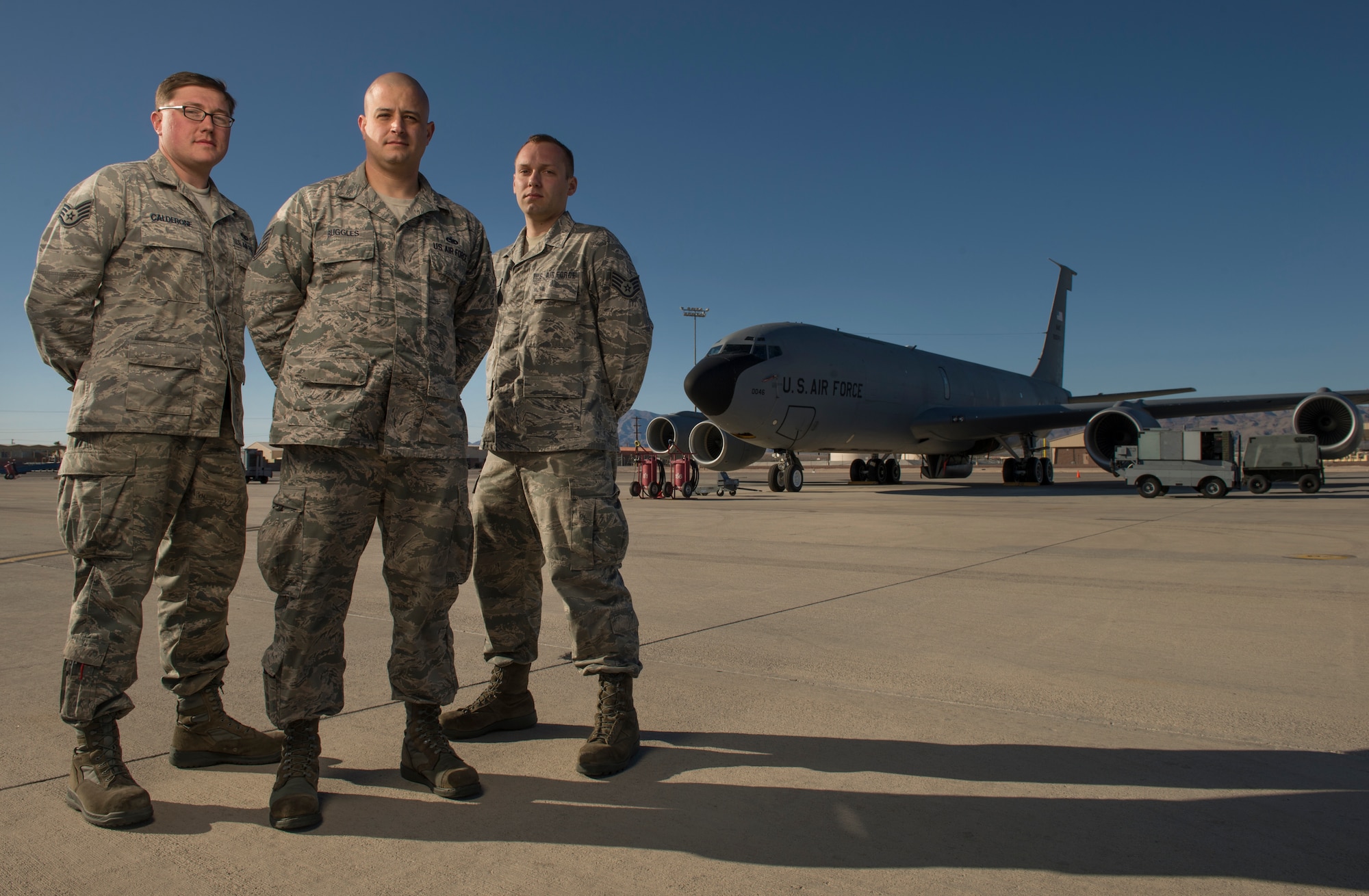 Staff Sgt. Anthony Calderone, left, Tech. Sgt. Nathan Ruggles, and Staff Sgt. Zachary Pollard represent the diversity of the KC-135 Stratotanker crew chiefs from McConnell Air Force Base, Kansas and Lincoln Air Field, Nebraska, during Red Flag 15-2 at Nellis Air Force Base, Nevada on March 4, 2014. Calderone, Ruggles and Pollard are leaders from their respective bases, working together at Red Flag 15-2 to complete the KC-135 Stratotanker training mission. Calderone was recently awarded the Airlift/Tanker Association 2014 Specialized Mission Award for extraordinarily significant performance of duties in support of an aerial air mobility mission. (U.S. Air Force photo by Staff Sgt. Vernon Young Jr.)
