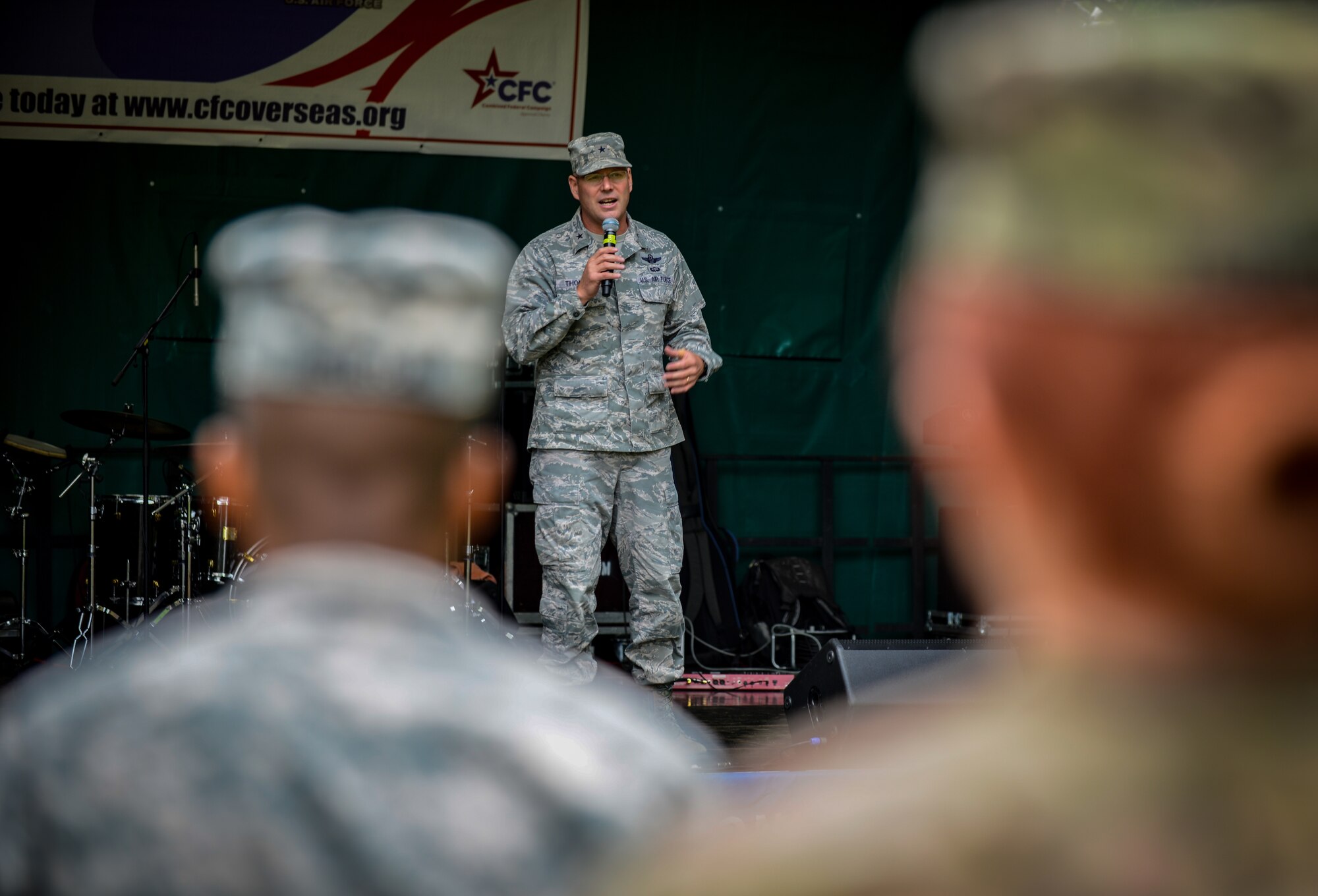 Brig. Gen. Jon T. Thomas, 86th Airlift Wing commander, speaks at the opening ceremony of the Combined Federal Campaign-Overseas kickoff Sept. 15, 2015, on Vogelweh Military Complex, Germany. The CFC-O holds an annual fundraiser that helps commanders improve quality of life programs for service members. (U.S. Air Force photo/Senior Airman Nicole Sikorski)