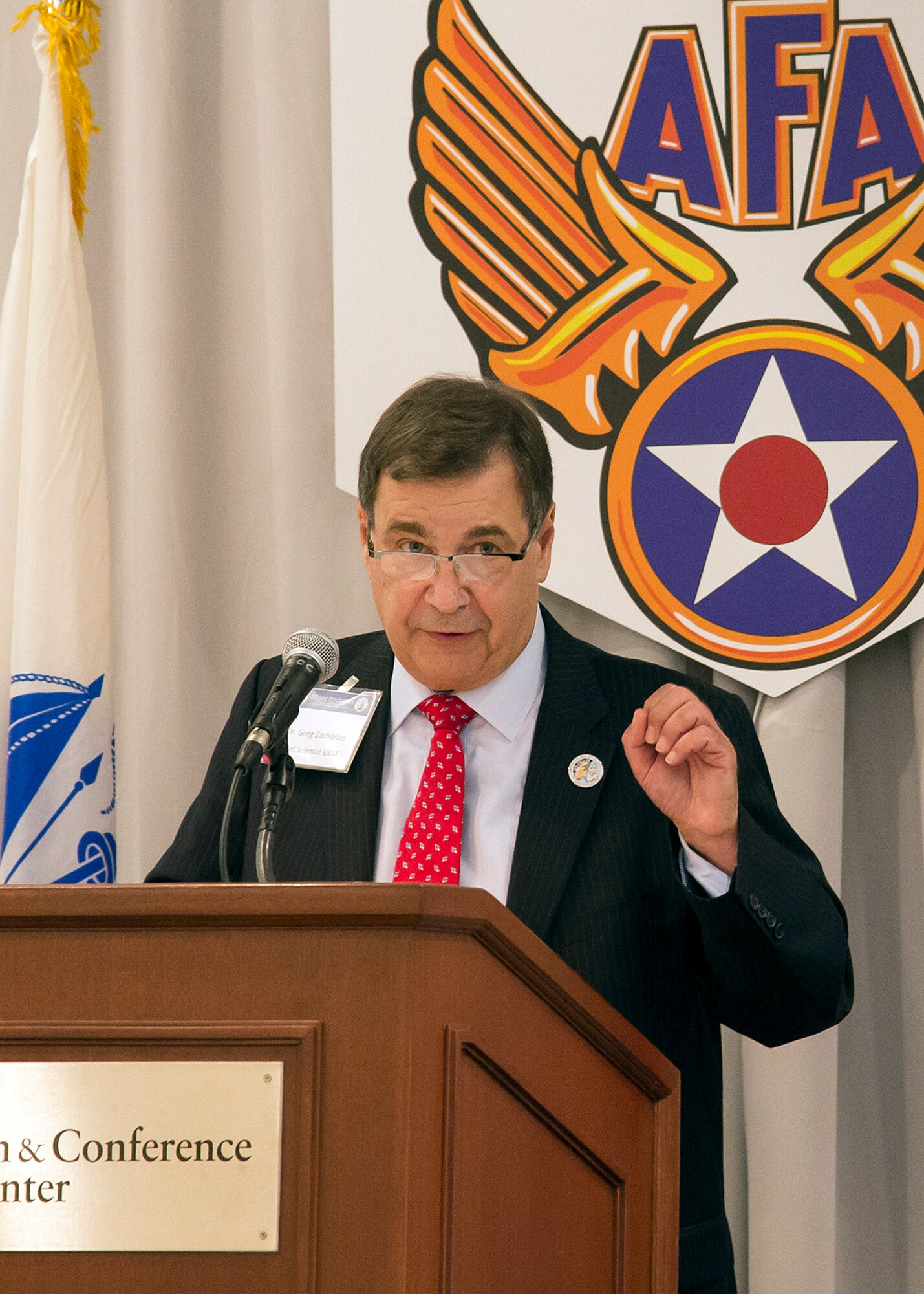 Dr. Greg Zacharias, chief scientist for the Air Force, discusses Air Force Cyber Security Vision 2025 during a Cyber Workshop at the University of Massachusetts Lowell Sept. 22. Key Air Force, industry and academic leaders participated in the collaborative event. In addition to keynote speakers, the workshop featured a series of panels focused on six key cyber elements: cyber offense, operational innovation, resiliency, threat-based defense, situation awareness, and partnerships and cyber information sharing. The event was 
sponsored by the Paul Revere Chapter of the Air Force Association. (U.S. Air Force photo by Walter Santos)
