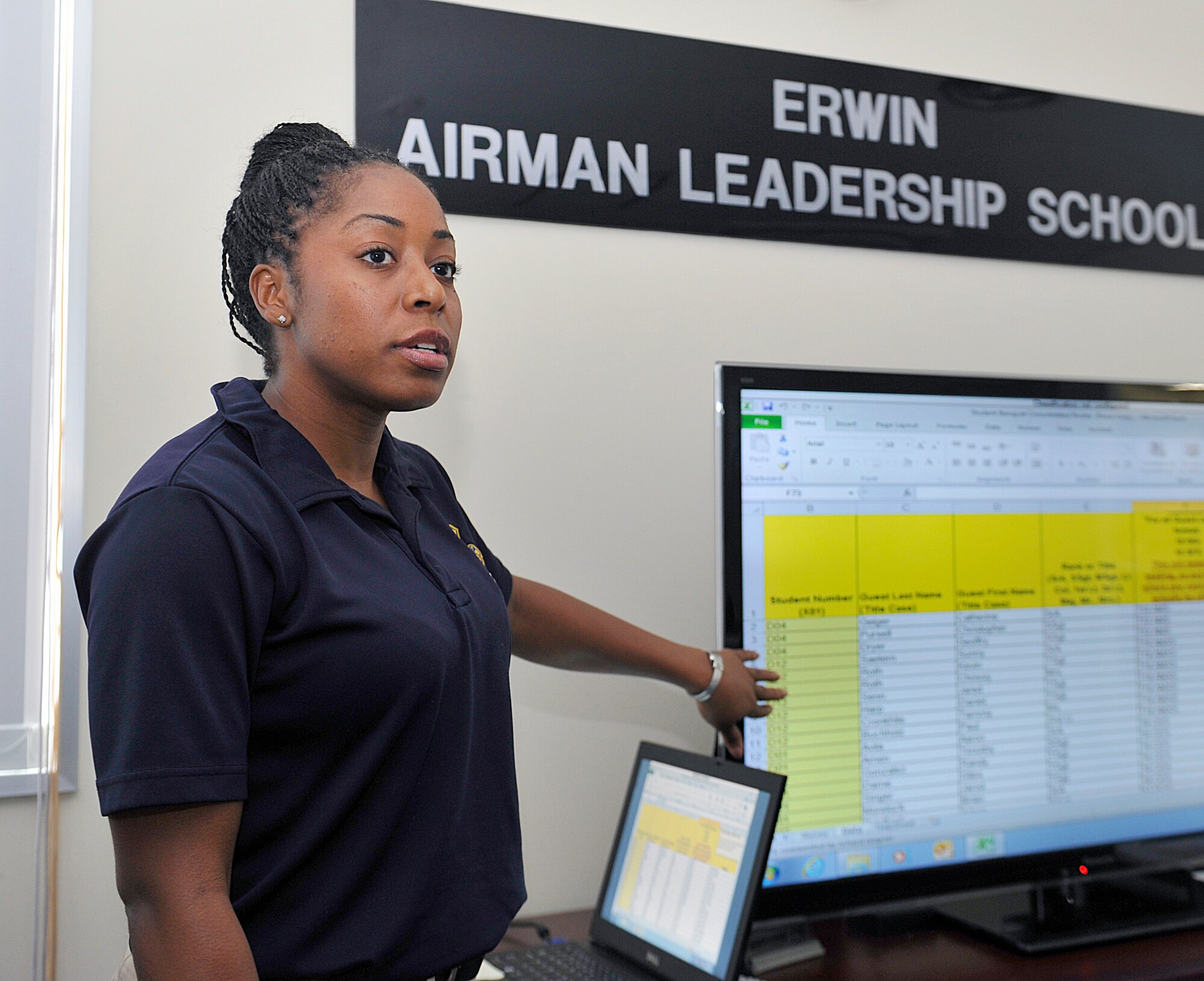U.S. Air Force Staff Sgt. Michelle Jenkins, Erwin Professional Military Education Center instructor, gives a briefing about the Airman Leadership School schedule for 2016 at the Erwin PME Center Sept. 18, 2015, on Kadena Air Base, Japan. Jenkins has worked as a PME instructor for more than two years and was selected as the August Chief's Choice Award winner. (U.S. Air Force photo by Naoto Anazawa)
