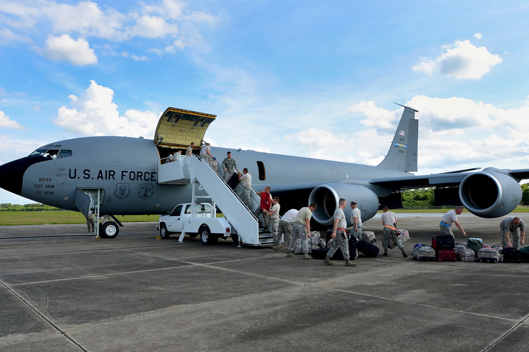 U.S. Airmen from the South Carolina Air National Guard’s 169th Fighter Wing at McEntire Joint National Guard Base, S.C., load a KC-135 Stratotanker from Tinker Air Force Base, Okla., to deploy in support of Operation Atlantic Resolve at Łask Air Base, Poland, May 26, 2015. (U,S. Air National Guard photo by Tech. Sgt. Caycee Watson/RELEASED)