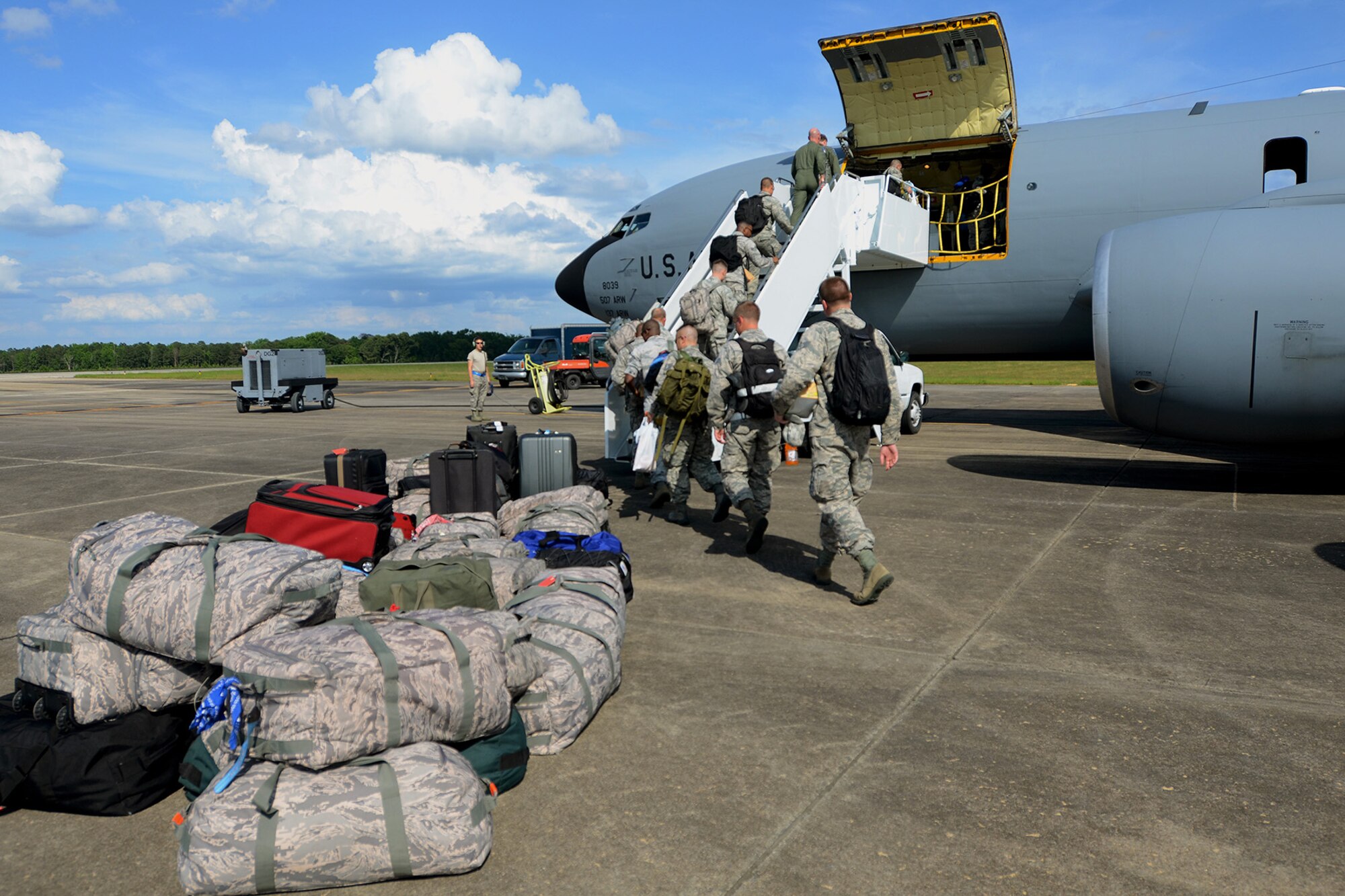 U.S. Airmen from the South Carolina Air National Guard’s 169th Fighter Wing at McEntire Joint National Guard Base, S.C., load a KC-135 Stratotanker from Tinker Air Force Base, Okla., to deploy in support of Operation Atlantic Resolve at Łask Air Base, Poland, May 26, 2015. (U,S. Air National Guard photo by Tech. Sgt. Caycee Watson/RELEASED)