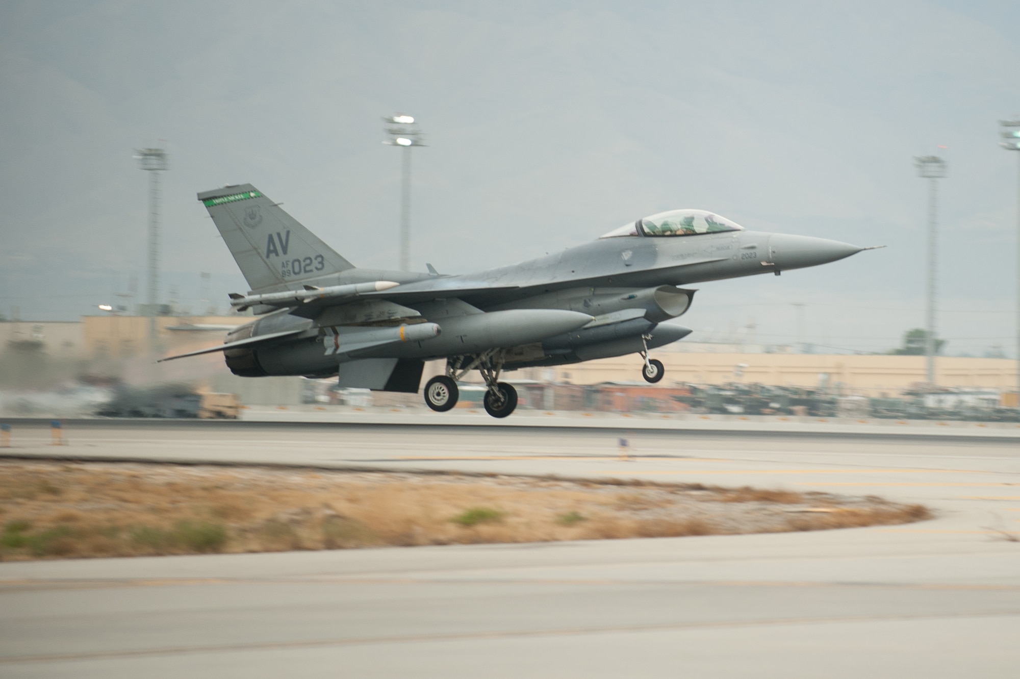 A U.S. Air Force F-16 Fighting Falcon aircraft assigned to the 555th Expeditionary Fighter Squadron takes off on a combat sortie from Bagram Airfield, Afghanistan, Sept. 22, 2015. The F-16 is a multi-role fighter aircraft that is highly maneuverable and has proven itself in air-to-air and air-to-ground combat. (U.S. Air Force photo by Tech. Sgt. Joseph Swafford/Released)