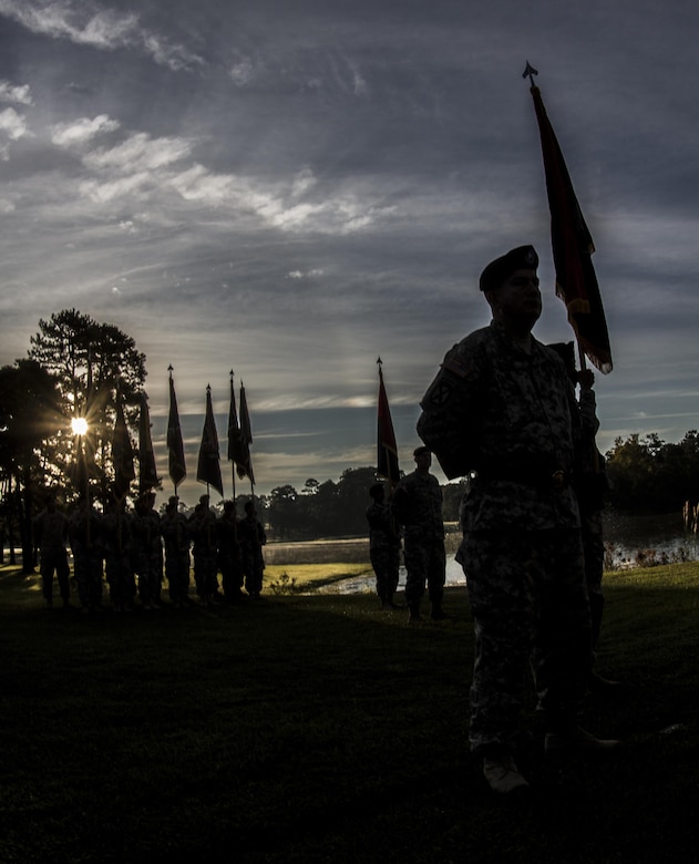 Soldiers of the 108th Training Command (IET) stand ready before the start of the change of command ceremony between Maj. Gen. Leslie Purser, outgoing commander and Maj. Gen. Mark McQueen, incoming commander, at Victory Field on Fort Jackson, S.C., Sept. 20, 2015. (U.S. Army photo by Sgt. 1st Class Brian Hamilton)