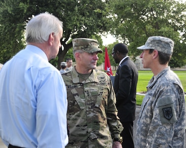 The Commanding General, ARNORTH, LTG Perry Wiggins (center) and numerous military and civilian dignitaries attended the 505th MI Brigade activation ceremony in the historic Quadrangle on Fort Sam Houston on 18 Sep.  The Commanding General of the Military Intelligence Readiness Command, Brig. Gen. Christie L. Nixon (right) presided over the ceremony. The ceremony formally recognized the activation of the Army Reserve’s multi-component intelligence brigade, regionally aligned to support active duty missions.  
