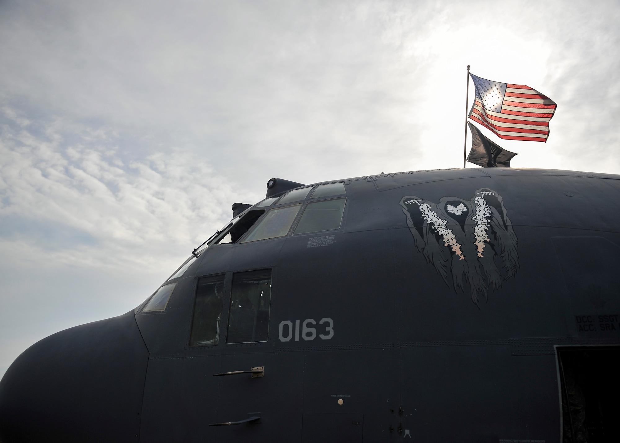 The AC-130U Spooky “Bad Omen” is the first “U” model to retire to the Bone Yard at Davis-Monthan Air Force Base, Az., from Hurlburt Field, Fla., Sept. 21, 2015. “Bad Omen” was delivered to Hurlburt Field on Feb. 17, 1995, during which time it flew more than 2,300 sorties with approximately 5,600 landings and more than 10,000 hours of flight time.  (U.S. Air Force photo by Airman Kai White)