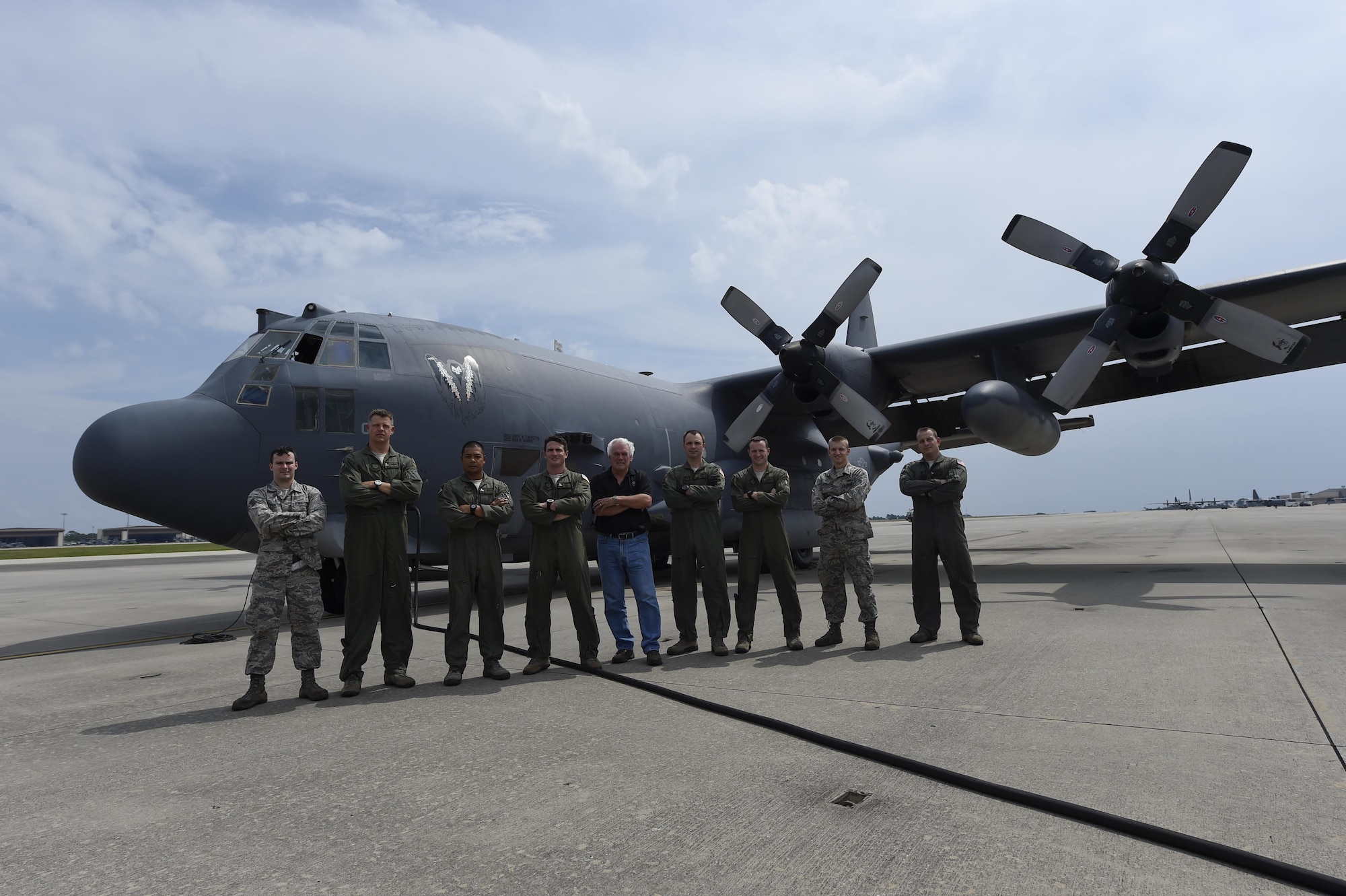 The AC-130U Spooky “Bad Omen” is the first “U” model to retire to the Bone Yard at Davis-Monthan Air Force Base, Az., from Hurlburt Field, Fla., Sept. 21, 2015. “Bad Omen” was delivered to Hurlburt Field on Feb. 17, 1995, during which time it flew more than 2,300 sorties with approximately 5,600 landings and more than 10,000 hours of flight time.  (U.S. Air Force photo by Airman Kai White)