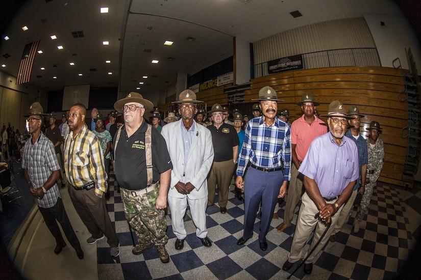 Drill sergeants, both past and present, posed for a photo at an event marking the 51st anniversary of the United States Army Drill Sergeant program held on Fort Jackson, S.C., Sept. 11, 2015. (U.S. Army photo by Sgt. 1st Class Brian Hamilton)