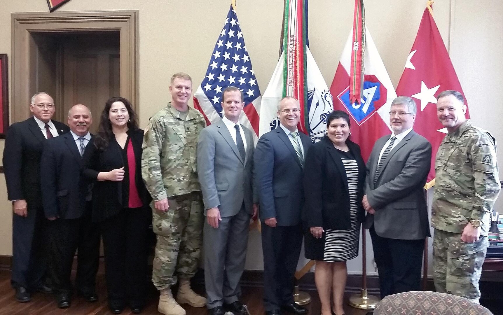Political advisors from U.S. Northern Command, North American Aerospace Defense Command and U.S. Air Forces Northern visited U.S. Army North headquarters at Fort Sam Houston Sept. 8-9 to discuss mutual theater security for North America. Pictured from left to right are Kelly Fisk, Army North political/military advisor; Teresa Perez, Army North liaison officer to U.S. Northern Command; Lt. Col. John Trylch, U.S. Air Forces Northern foreign policy advisor; R. Madison Conoley, deputy foreign policy advisor to the North American Aerospace Defense Command and  NORTHCOM;  Craig Conway, acting foreign policy advisor to NORAD and NORTHCOM; Andrea Gastaldo, Army North foreign policy advisor; Peter Bates, Canadian political advisor to the commander of NORAD and NORTHCOM; and Lt. Gen. Perry Wiggins, U.S. Army North (Fifth Army) commanding general and senior Army commander of Fort Sam Houston and Camp Bullis.