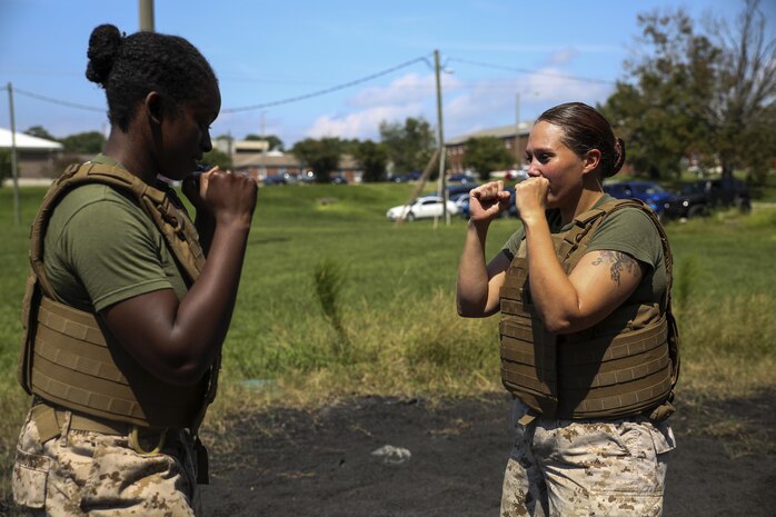 Sailors with 2nd Dental Battalion, 2nd Marine Logistics Group prepare to practice their striking techniques during a Marine Corps Martial Arts Program course aboard Camp Lejeune, N.C., Sept. 11, 2015. The MCMAP course was part of a week-long training event where the sailors also conducted combat lifesaving and tactical casualty care training. (U.S. Marine Corps Photo by Cpl. Chelsea D. Toombs/Released)