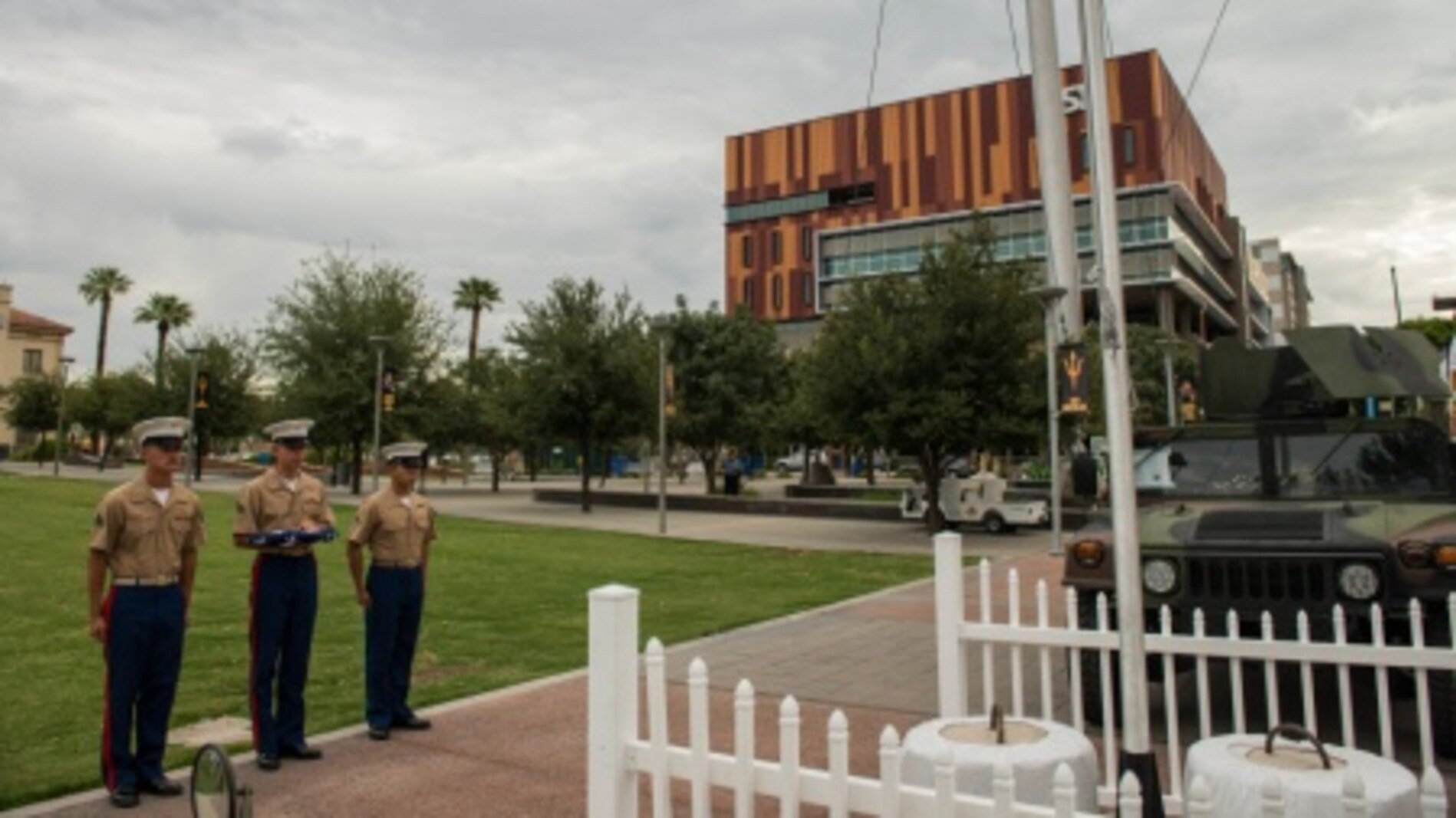 A Marine Corps color guard prepares to raise the colors at Civic Space Park on Sept. 9, 2015, as part of Marine Week Phoenix. This event allows the Marine Corps to showcase its traditions, history, and values.