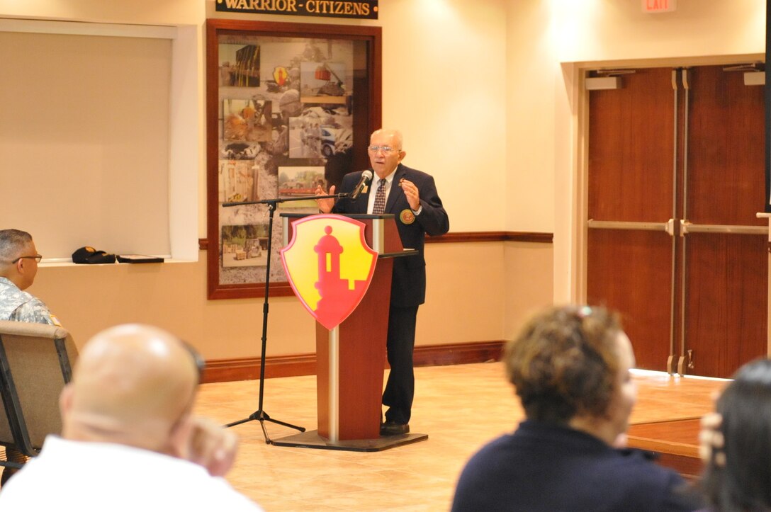 Maj. Gen. Felix A. Santoni (Retired) speaks about how Hispanic Americans have been, and continue to be, a critical part of the diverse social fabric that allows our Army to recruit and enlist the best of America’s sons and daughters, during a ceremony hosted by U.S. Army Garrison Command Fort Buchanan and the 1st Mission Support Command.