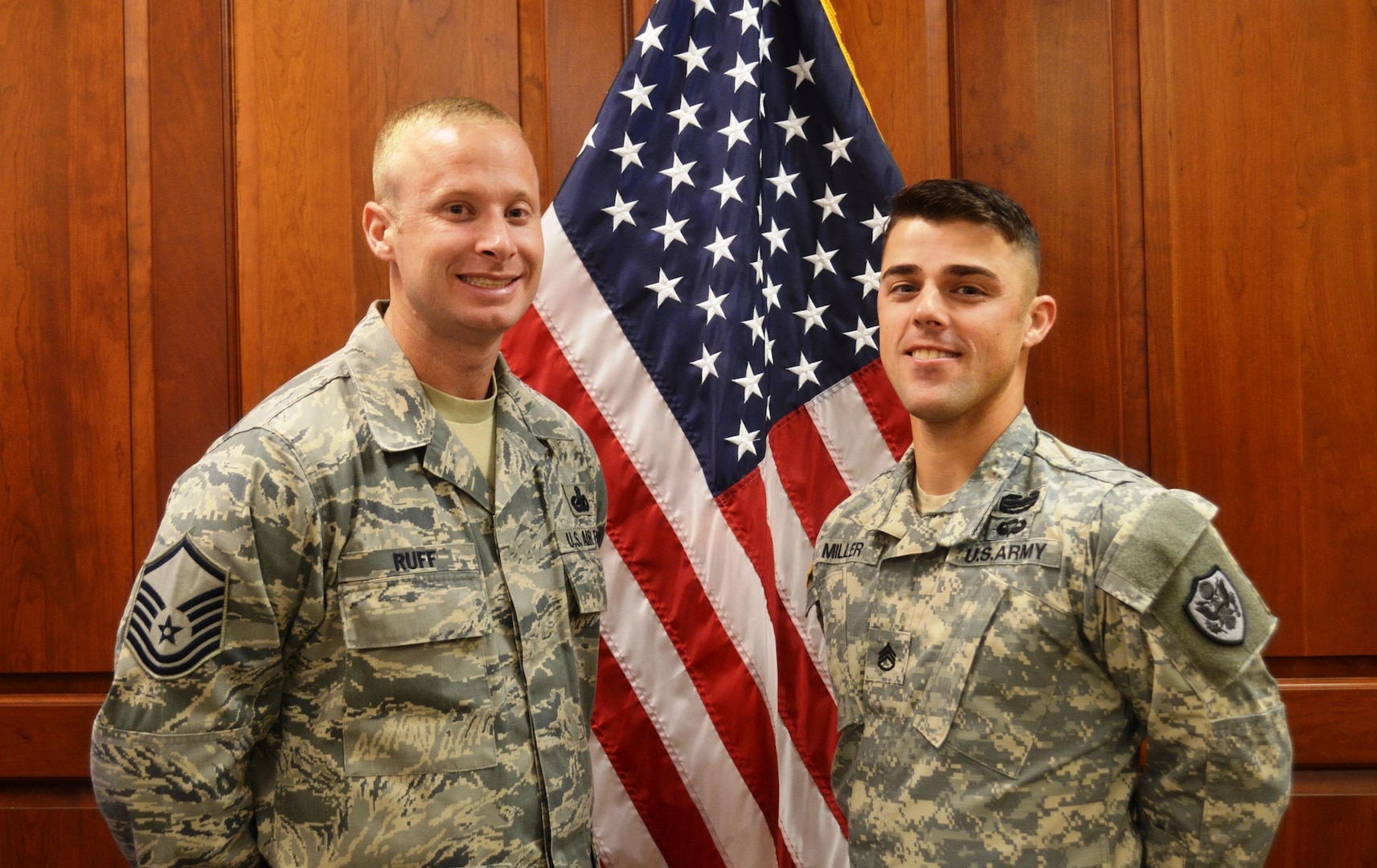 Air Force Master Sgt. Woodrow Ruff (left) and Army Staff Sgt. Brandon Miller (right) were selected July 27 as DLA Senior and Junior NCO of the Third Quarter, respectively. DLA Troop Support Chief of Staff Robert Ratner hailed Ruff and Miller as two of the organization’s “best and brightest.”