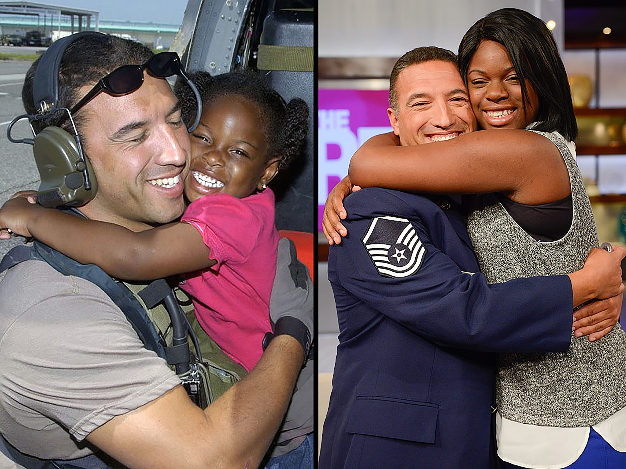 Left: Master Sgt. Mike Maroney embraces 3-yar-old LeShay Brown after rescuing her and her family from a New Orleans rooftop after Hurricane Katrina in 2005. Right: Mahroney and 13-year-old Brown reunite after a 10-year search by Maroney to find the girl who's smile and hug helped him through the difficulties of the rescue effort. (U.S. Air Force photo/Airman First class Veronica Pierce/Waner Brothers photo/Erica Parise)