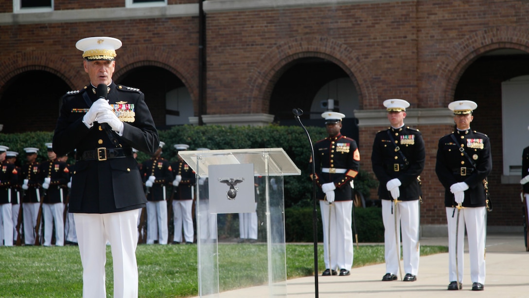 Gen. Joseph F. Dunford, Jr., the 36th Commandant of the Marine Corps, speaks during his passage of command ceremony at Marine Corps Barracks Washington, D.C., Sept. 24, 2015. Gen. Dunford was confirmed earlier this year to be the 19th Chairman of the Joint Chiefs of Staff and will be appointed the position later this year. 