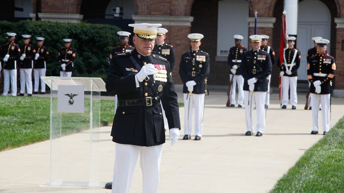 Gen. Robert B. Neller, the 37th and new Commandant of the Marine Corps, speaks during his passage of command ceremony at Marine Corps Barracks Washington, D.C., Sept. 24, 2015. Gen. Dunford relinquished the position to Gen. Robert B. Neller after being confirmed to succeed U.S. Army Gen. Martin Dempsey as Chairman of the Joint Chiefs of Staff.