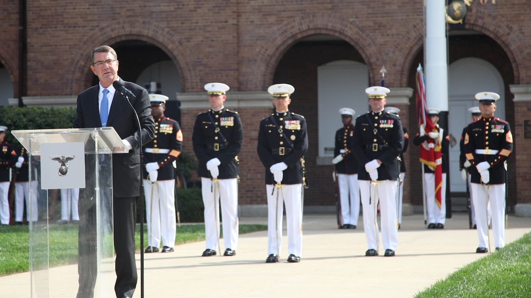 Secretary of Defense Ashton Carter speaks during the Commandant of the Marine Corps passage of command ceremony at Marine Corps Barracks Washington, D.C., Sept. 24, 2015. Gen. Dunford relinquished the position to Gen. Robert B. Neller, the 37th and new Commandant of the Marine Corps. 