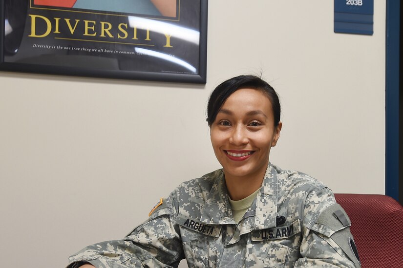 Army Reserve Lt. Col. Vicky Argueta, Equal Opportunity Advisor, 85th Support Command, shares her Army story during Hispanic Heritage Awareness Month. (U.S. Army photo by Spc. David Lietz/released)