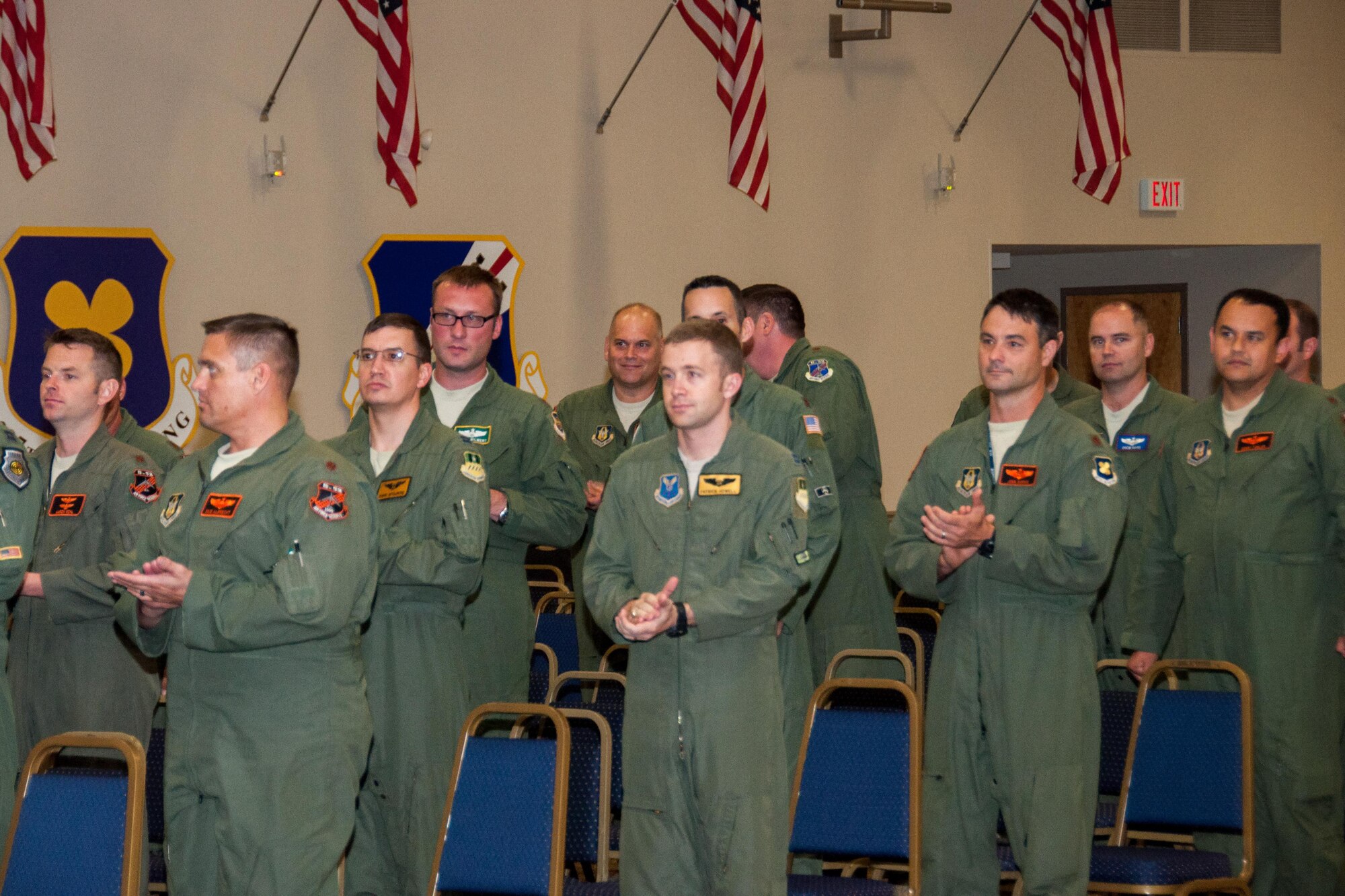 U.S. Air Force Airmen of the 343rd Bomb Squadron assemble for a change of command and assumption of command ceremony at Barksdale Air Force Base, La., September 23, 2015. During the joint ceremony, U.S. Air Force Lt. Col. Joseph Hagans took command of the 343rd BS from Lt. Col. Robert Burgess assumed command of the 307th Operations Group. (U.S. Air Force photo by Tech. Sgt. /released)