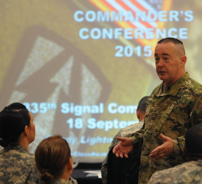 Commanding General of the 335th Signal Command (Theater) Brig. Gen. Christopher Kemp addresses soldiers during his annual Commander's Conference held in Atlanta Sept. 20, 2015. "This is bittersweet because we are losing half our family in one swoop," said Kemp.