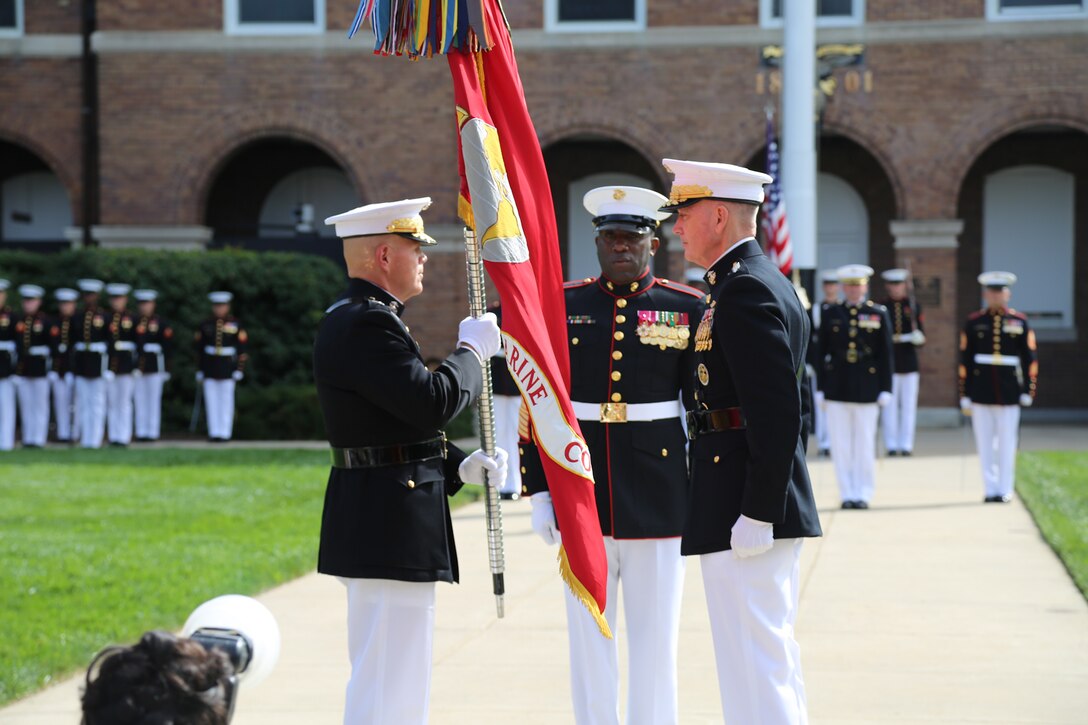 On Sept. 24, 2015, the Marine Band performed for the change of command ceremony where General Robert Neller accepted command of the U.S. Marine Corps as its 37th Commandant from outgoing Commandant General Joseph Dunford at Marine Barracks Washington. (U.S. Marine Corps photo by Gunnery Sgt. Amanda Simmons/released)