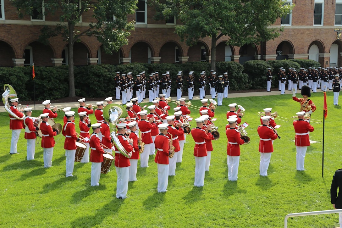 On Sept. 24, 2015, the Marine Band performed for the change of command ceremony where General Robert Neller accepted command of the U.S. Marine Corps as its 37th Commandant from outgoing Commandant General Joseph Dunford at Marine Barracks Washington. (U.S. Marine Corps photo by Gunnery Sgt. Amanda Simmons/released)