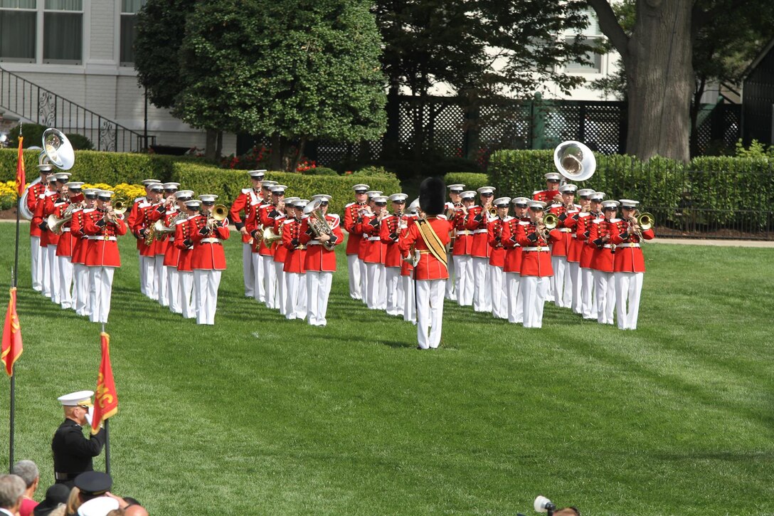 On Sept. 24, 2015, the Marine Band performed for the change of command ceremony where General Robert Neller accepted command of the U.S. Marine Corps as its 37th Commandant from outgoing Commandant General Joseph Dunford at Marine Barracks Washington. (U.S. Marine Corps photo by Gunnery Sgt. Amanda Simmons/released)