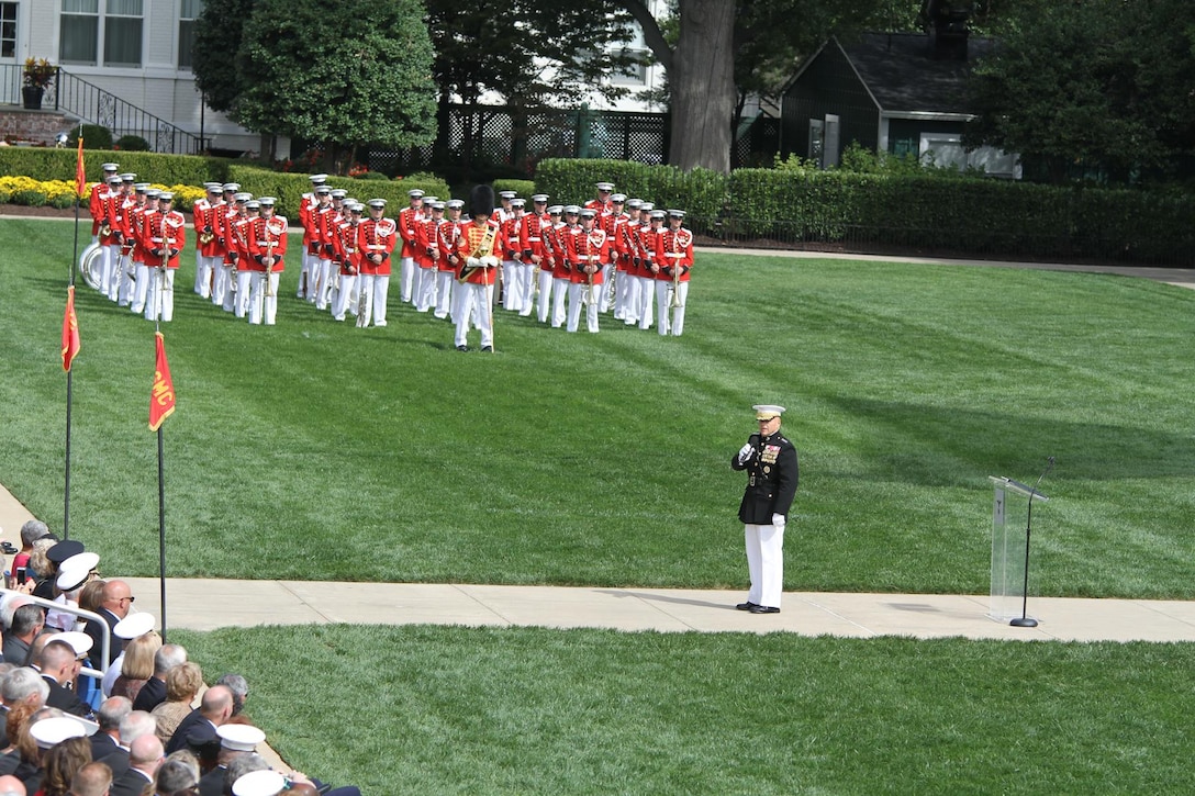 On Sept. 24, 2015, the Marine Band performed for the change of command ceremony where General Robert Neller accepted command of the U.S. Marine Corps as its 37th Commandant from outgoing Commandant General Joseph Dunford at Marine Barracks Washington. (U.S. Marine Corps photo by Gunnery Sgt. Amanda Simmons/released)