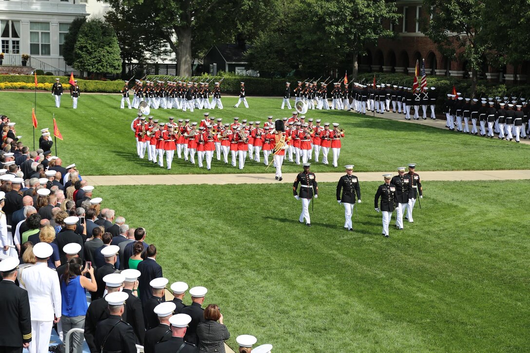 On Sept. 24, 2015, the Marine Band performed for the change of command ceremony where General Robert Neller accepted command of the U.S. Marine Corps as its 37th Commandant from outgoing Commandant General Joseph Dunford at Marine Barracks Washington. (U.S. Marine Corps photo by Gunnery Sgt. Amanda Simmons/released)