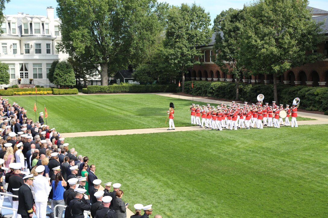 On Sept. 24, 2015, the Marine Band performed for the change of command ceremony where General Robert Neller accepted command of the U.S. Marine Corps as its 37th Commandant from outgoing Commandant General Joseph Dunford at Marine Barracks Washington. (U.S. Marine Corps photo by Gunnery Sgt. Amanda Simmons/released)