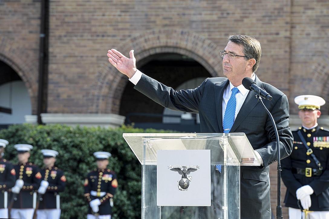 Defense Secretary Ash Carter offers remarks during the Marine Corps   passage-of-command ceremony between Marine Corps Gen. Joseph F. Dunford Jr. and Marine Corps Lt. Gen. Robert B. Neller, the incoming commandant, on Marine Barracks Washington, D.C., Sept. 24, 2015. DoD photo by U.S. Army Sgt. 1st Class Clydell Kinchen

