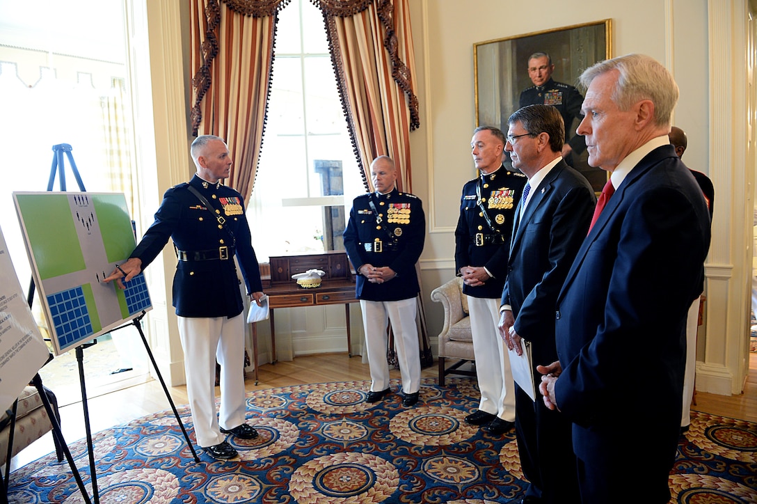 Defense Secretary Ash Carter, Marine Corps Gen. Joseph F. Dunford, Jr., and Marine Corps Lt. Gen. Robert B. Neller receive a briefing before the Marine Corps commandant passage-of-command ceremony on Marine Barracks Washington, D.C., Sept. 24, 2015. DoD photo by U.S. Army Sgt. 1st Class Clydell Kinchen

