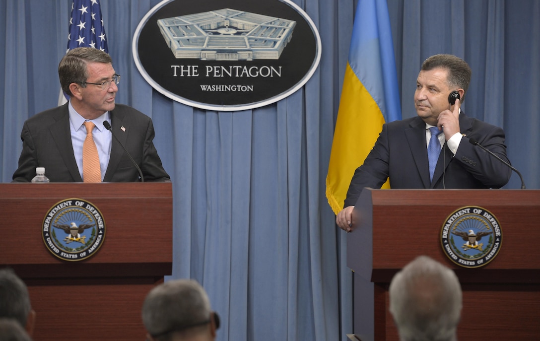 Secretary of Defense Ash Carter and Ukraine's Minister of Defense Colonel-General Stepan Poltorak hold a joint press conference at the pentagon Sept. 24, 2015. DoD photo by Glenn Fawcett 