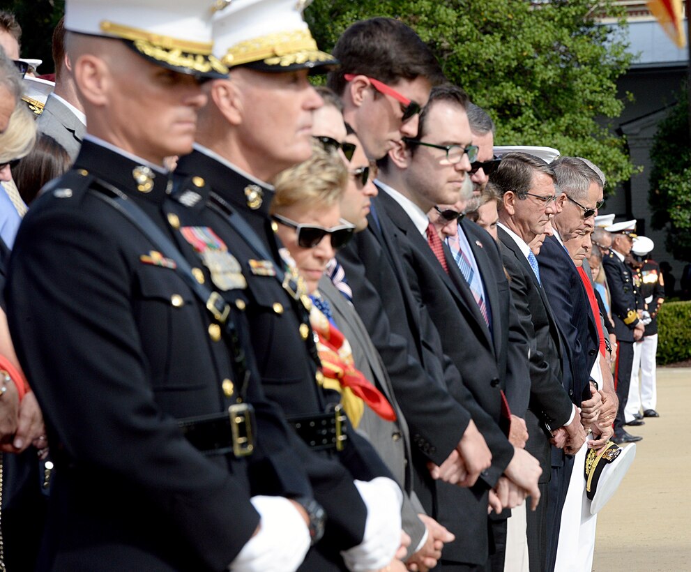 Defense Secretary Ash Carter bows his head during the invocation for the Marine Corps commandant passage of command ceremony between the outgoing commandant, Marine General Joseph F. Dunford Jr and Marine Lieutenant General Robert B. Neller, the new commandant, at the Marine Barracks Washington, Sept. 24, 2015. DoD photo by U.S. Army Sgt. 1st Class Clydell Kinchen
