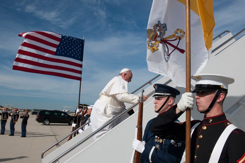 Pope Francis prepares to board his plane at Joint Base Andrews, Md., Sept. 24, 2015. Pope Francis will visit New York City and Philadelphia during his U.S. trip before returning to Rome Sept. 27. (U.S. Air Force photo/Tech. Sgt. Robert Cloys)