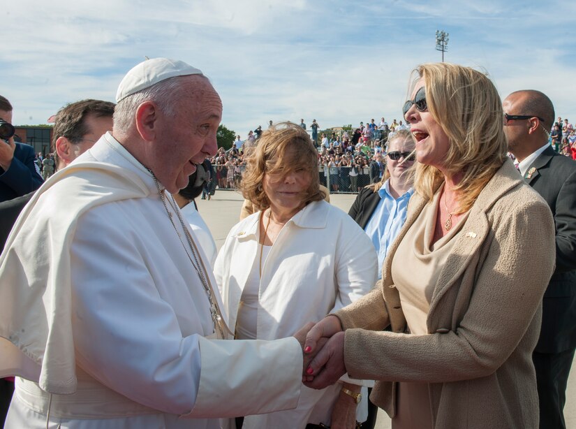 Secretary of the Air Force Deborah Lee James greets Pope Francis at Joint Base Andrews, Md., Sept. 24, 2015. The pope will visit New York and Philadelphia during his U.S. trip before returning to Rome Sept. 27. (U.S. Air Force photo/Tech. Sgt. Robert Cloys)
