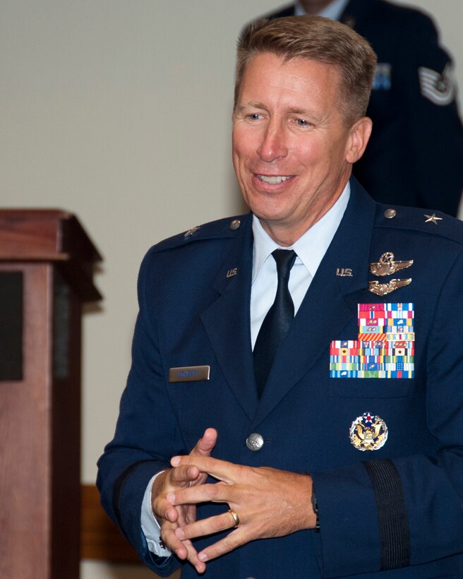 Brig. Gen. Patrick J. Doherty, 82nd Training Wing commander, speaks to guests during the Noncommissioned Officer Induction Ceremony at the Sheppard Club, Sept. 22, 2015.  The U.S. Air Force is proud of the NCO corps development and is one of the few nations who train their enlisted Airmen, giving them responsibilities some military forces wouldn’t consider giving to officers. (U.S. Air Force photo/Frank Carter)
