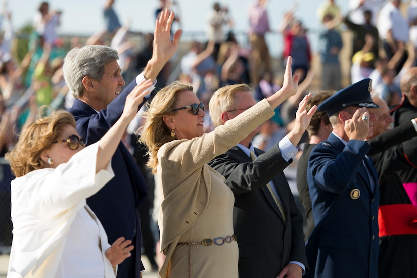 Secretary of State John Kerry and wife Teresa, and Secretary of the Air Force Deborah Lee James and husband Frank Beatty wave to Pope Francis as his plane departs Joint Base Andrews, Md., Sept. 24, 2015. The pope will continue his U.S. visit in both New York and Philadelphia before returning to Rome Sept. 27. (U.S. Air Force photo/Tech. Sgt. Robert Cloys)