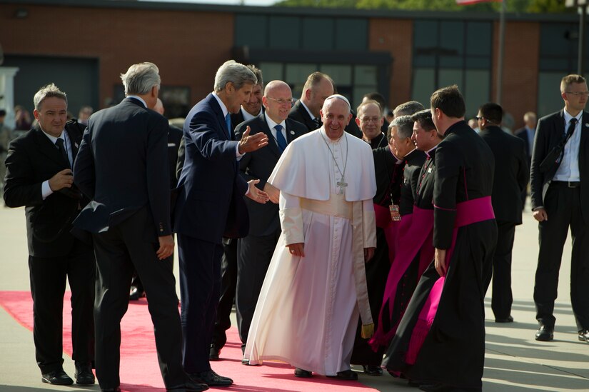 Secretary of State John Kerry greets Pope Francis at Joint Base Andrews, Md., Sept. 24, 2015. The pope will visit New York and Philadelphia during his U.S. trip before returning to Rome Sept. 27. (U.S. Air Force photo/Tech. Sgt. Robert Cloys)