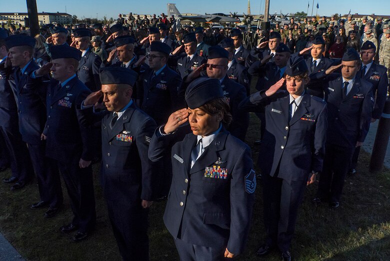 American, and Canadian Airmen assigned to the 962nd Airborne Air Control Squadron, distinguished guests, and surviving family members of the crew of the E-3B Sentry, Airborne Warning and Control System aircraft, call sign "YUKLA 27" gathered for 20th anniversary memorial ceremonies on Joint Base Elmendorf-Richardson, Alaska, Tuesday, Sept. 22, 2015. On Elmendorf Air Force Base, Sept. 22, 1995, the “YUKLA 27" aircraft from the 962nd Airborne Air Control Squadron encountered a flock of geese and crashed shortly after takeoff on a routine surveillance training sortie, killing all 24 U.S. and Canadian Airmen aboard. (U.S. Air Force photo/Justin Connaher)