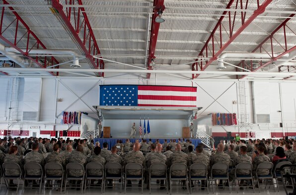 Chief Master Sgt. Kenneth Lindsey, U.S. Air Force Warfare Center command chief, speaks to attendees of the first ever NCO induction ceremony at Nellis Air Force Base, Nev., Sept. 18, 2015. Approximately 380 staff sergeant selects were in attendance, not including Airmen assigned to Creech AFB. The day prior to the ceremony, the inductees participated in seminars with various briefings to help guide them onto the path to becoming successful NCOs. (U.S. Air Force photo by Airman 1st Class Mikaley Kline)
