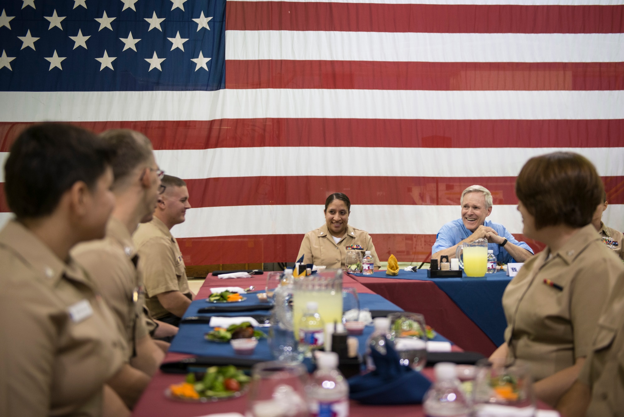 Secretary of the Navy Ray Mabus eats lunch with Sailors assigned to Strategic Communications Wing ONE during a tour of the command. During his tour Secretary Mabus held an all-hands call, a re-enlistment and award ceremony.  (Navy photo by Petty Officer 2nd Class Armando Gonzales/Released)