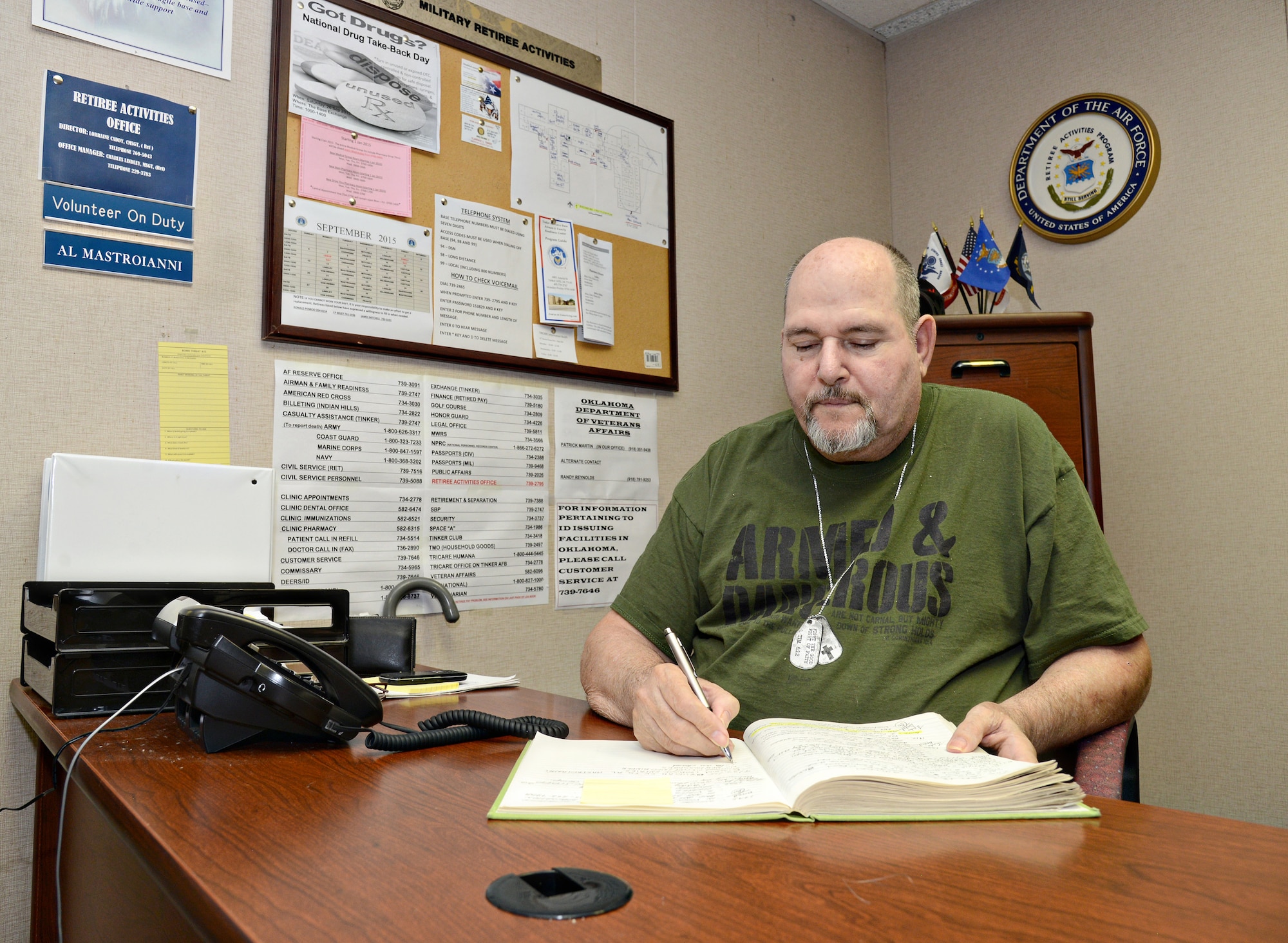 Al Mastroianni is one of the many volunteers around Tinker. Mr. Mastroianni volunteers in the Retirees Activities Office at least one day a week, fielding calls from customers. (Air Force photo by Kelly White/Released)