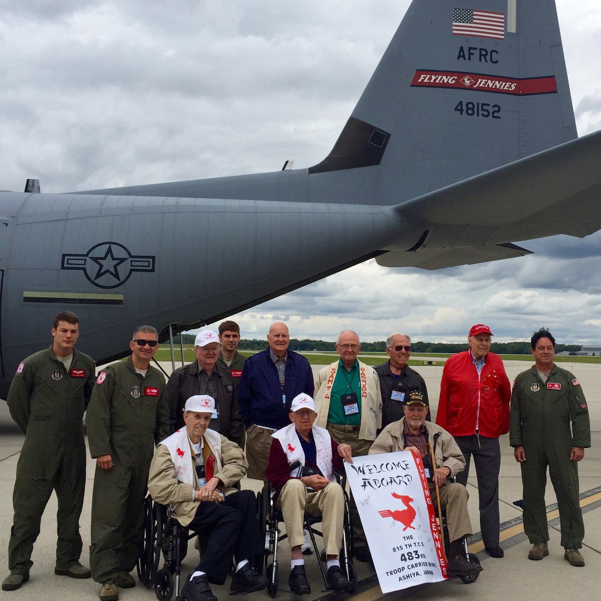 An 815th Airlift Squadron aircrew poses with former members of the 815th Troop Carrier Squadron (Medium) who were part of the 483rd Troop Carrier Wing at Ashiya, Japan. Lt. Col. Jeff Ragusa, on the left, is the 815th AS assistant director of operations and was a guest speaker for their reunion at Wright-Patterson Air Force Base, Ohio, Sept. 12, 2015. The 815th T.C.S members have been meeting since the 1980s. These squadron members flew the C-119 Flying Boxcar and transported troops, supplies and equipment to Korea and evacuated casualties from there. (U.S. Air Force photo)
