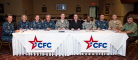 Joint Base Charleston leadership is all smiles after signing their Combined Federal Campaign donation forms Sept. 24, 2015 at the Redbank Club on JB Charleston – Weapons Station, S.C. The CFC’s mission is to promote and support philanthropy through a program that is employee focused, cost-efficient and effective in providing all federal employees the opportunity to improve the quality of life for all. After the CFC signing, Col. Robert Lyman, JB Charleston commander, held a Big 10 luncheon with JB Charleston’s mission partners providing leadership an opportunity to discuss issues or concerns, give mission updates and build team cohesiveness. (U.S. Air Force photo/Airman 1st Class Clayton Cupit)