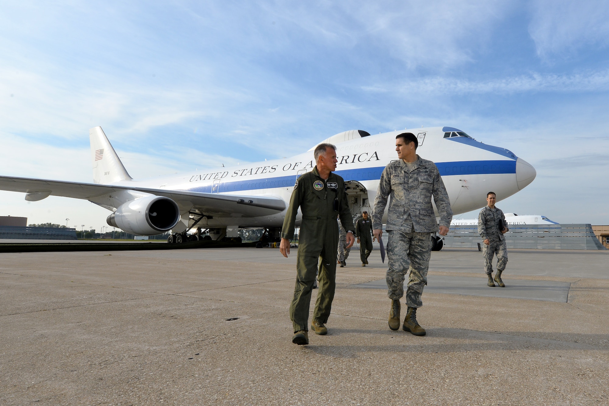U.S. Air Force Col. Russell Mammoser, National Airborne Operations Center commander, walks with U.S. Air Force Maj. Gen. Bradford Shwedo, 25th Air Force commander, after a tour of the E-4B Nightwatch on Sept. 22, Offutt Air Force Base, Neb.  Shwedo and U.S. Air Force Chief Master Sgt. Roger Towberman, 25th AF command chief, were on base for three days meeting with Airmen and visiting several facilities. (U.S. Air Force photo / Josh Plueger/released)