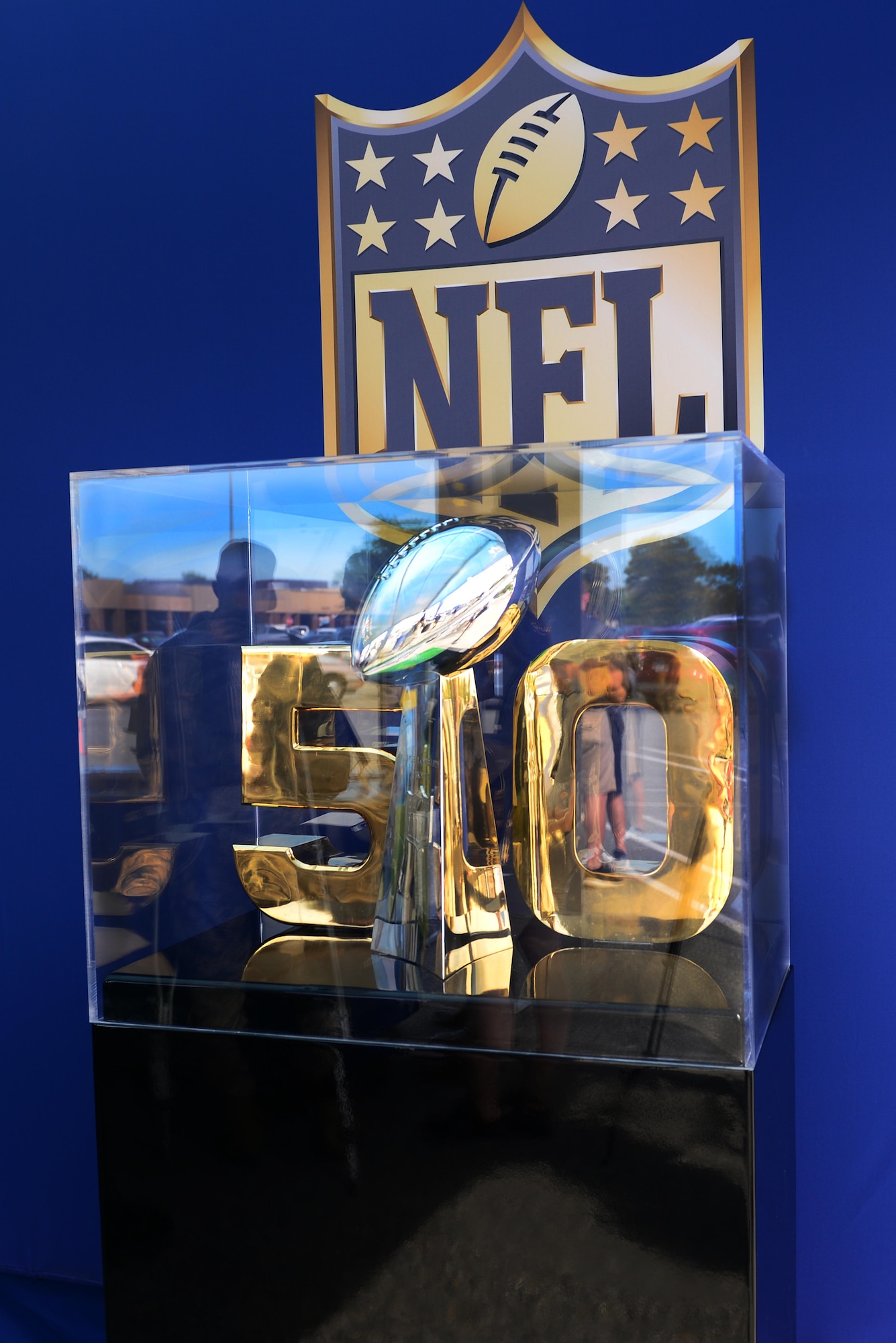 The National Football Leagues’ Vince Lombardi Trophy is showcased for U.S. Service members and their families as a part of the USAA Salute to Service Tour at Langley Air Force Base, Va., Sept. 17, 2015. The trophy will be displayed at various military installations nationwide before its final destination at Super Bowl 50 in San Francisco, Calif. (U.S. Air Force photo by Airmen 1st Class Derek Seifert/ Released)