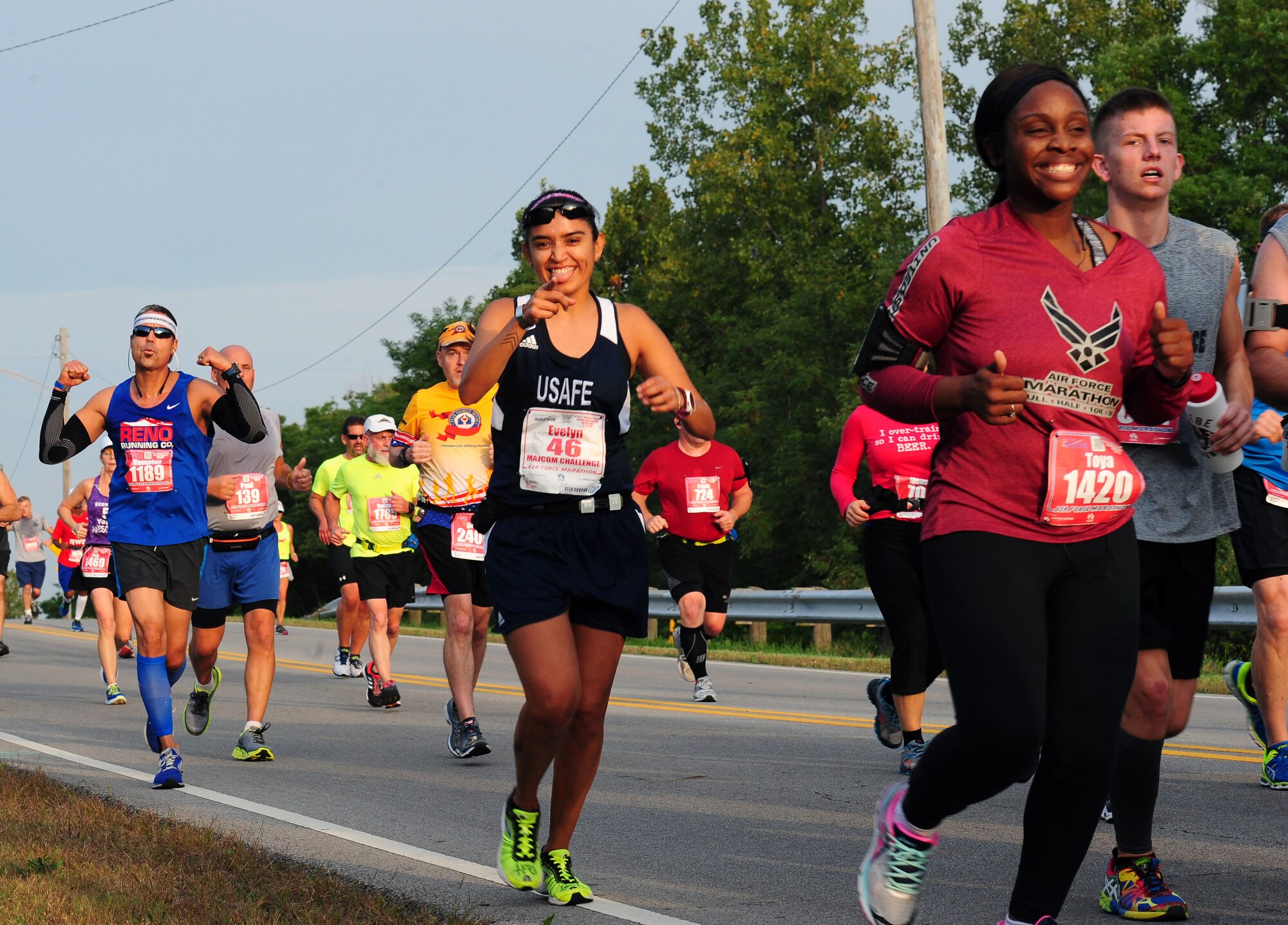 U.S. Air Force Staff Sgt. Evelyn Chavez, 31st Fighter Wing Public Affairs photojournalist, runs in the 19th Annual Air Force Marathon Sept. 19, 2015 in Dayton, Ohio. The event included a 5K, 10K, half and full marathon with more than 15,000 participants. (U.S. Air Force photo by Senior Airman Matthew Lotz/Released) 