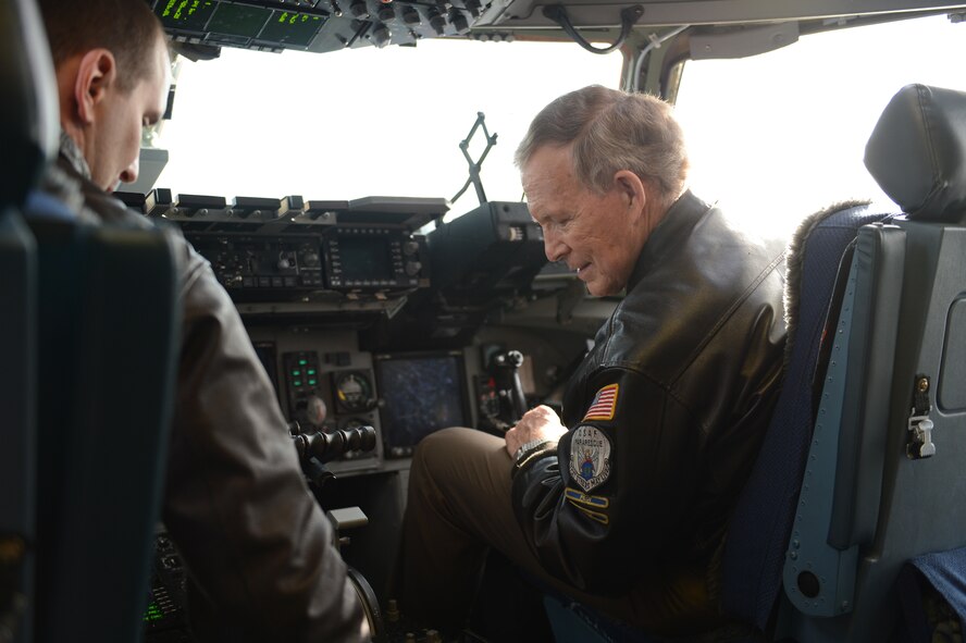 Brig. Gen. (retired) Steve Ritchie (right), learns about the capabilites of the Globemaster III C-17 aircraft during a visit to McChord Field, Sept. 17, 2015 at Joint Base Lewis-McChord, Wash. The general is the only Air Force fighter pilot ace of the Vietnam War, downing five MiG-21’s, and is America’s only MiG-21 ace. (U.S. Air Force photo/Staff Sgt. Katie Jackson)