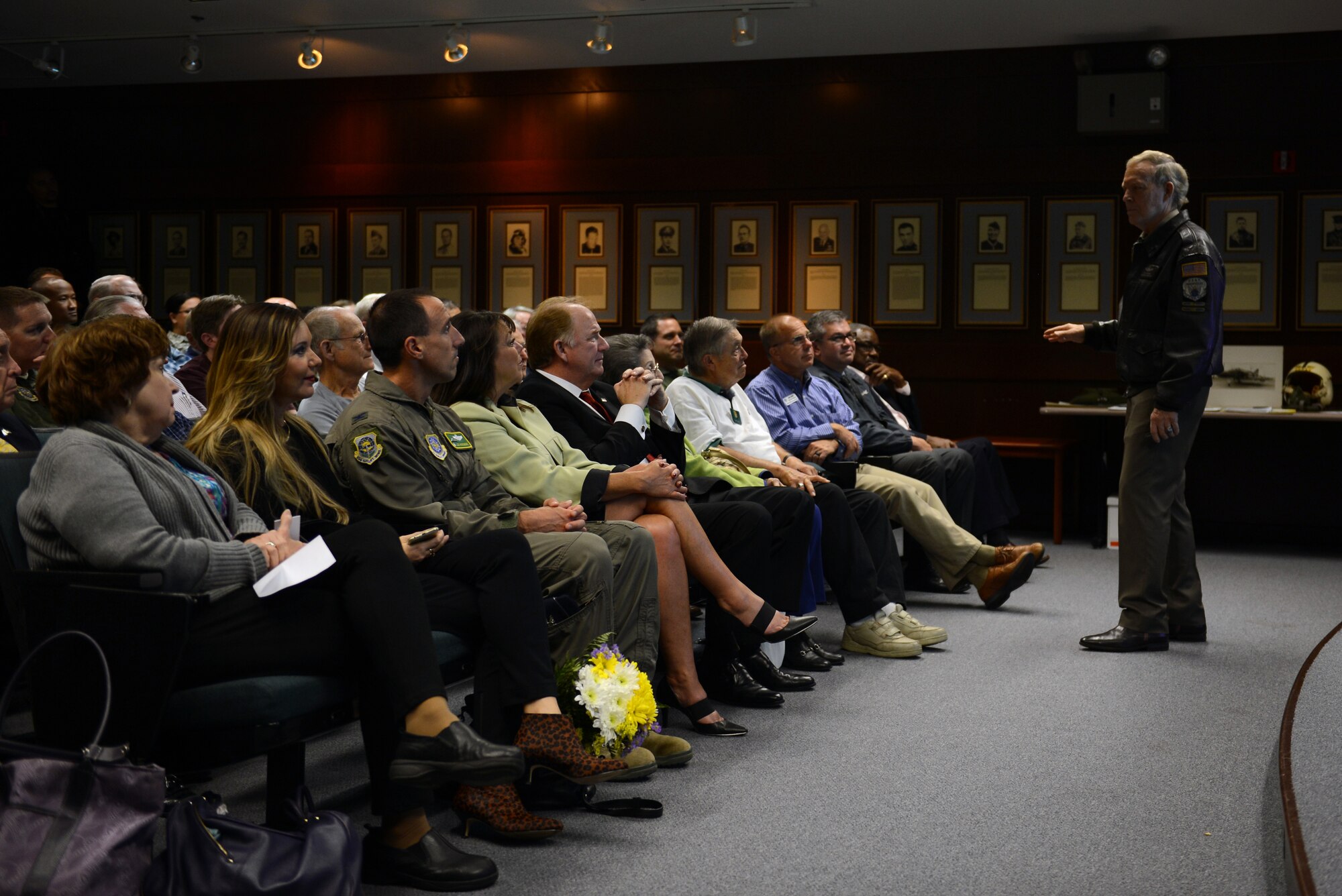 Brig. Gen. (retired) Steve Ritchie (right), talks with more than 125 Airmen and community leaders during a visit to McChord Field, Sept. 17, 2015 at Joint Base Lewis-McChord, Wash. Ritchie, the only Air Force pilot ace since the Korean War,  spent the day visiting with different organizations throughout McChord Field and shared in his stories of the past while relating with today’s Air Force. (U.S. Air Force photo/Staff Sgt. Katie Jackson)